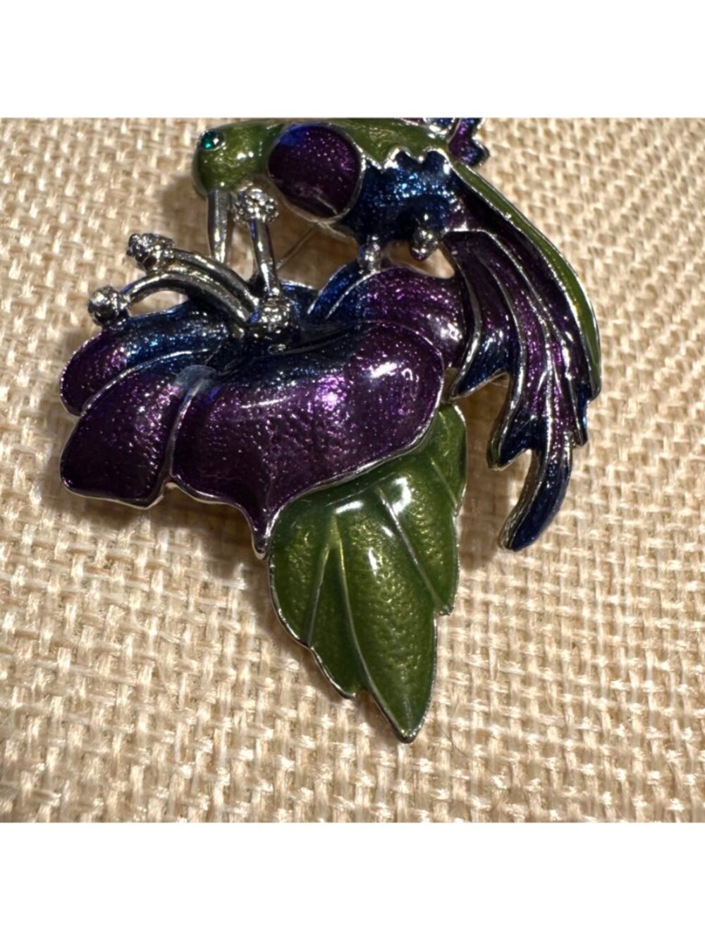 Vintage Hummingbird Brooch Green & Purple Enamel Floral Design 3 Inches - Picture 6 of 7